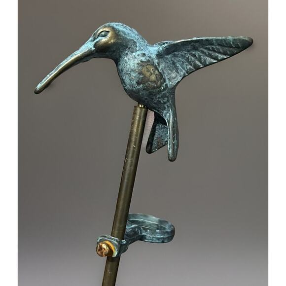 Hummingbird Yard Garden Sign Plant Stake Brass Lawn Decor Patina Metal Flower - Picture 3 of 4